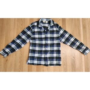LL Bean Shirt Womens Small Green Blue Plaid Button Up Flannel Relaxed Fit Cotton
